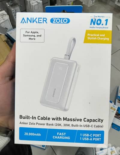 Anker zolo power bank (20k,30w,built in usb-c cable ) white