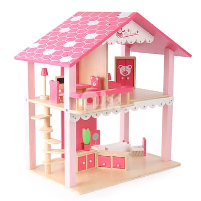 Wooden Doll House With Furniture 53x35x53 CM - منزل دمى خشبي مع أثاث