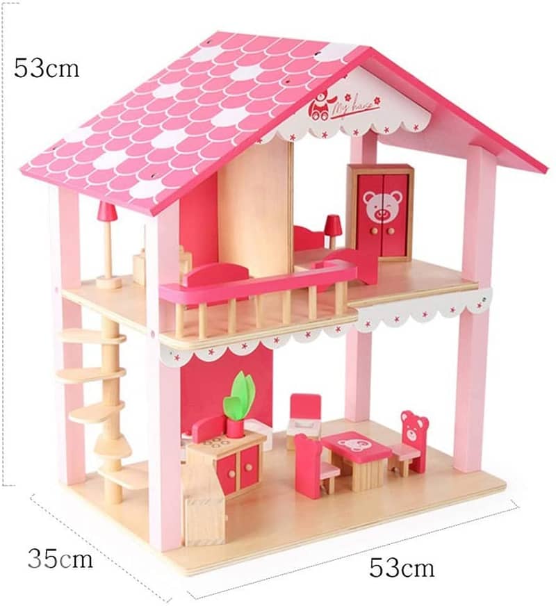 Wooden Doll House With Furniture 53x35x53 CM - منزل دمى خشبي مع أثاث 2