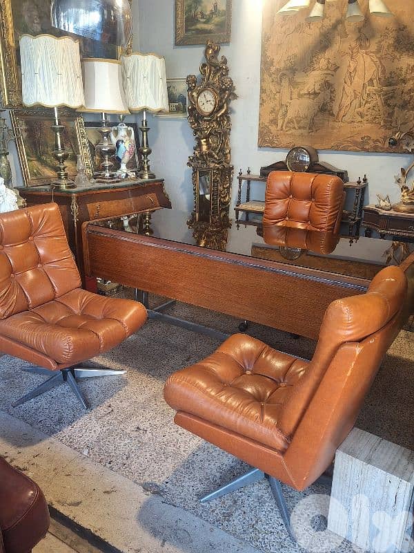 complete desk set 50s desk leather top with 3 leather chairs 0
