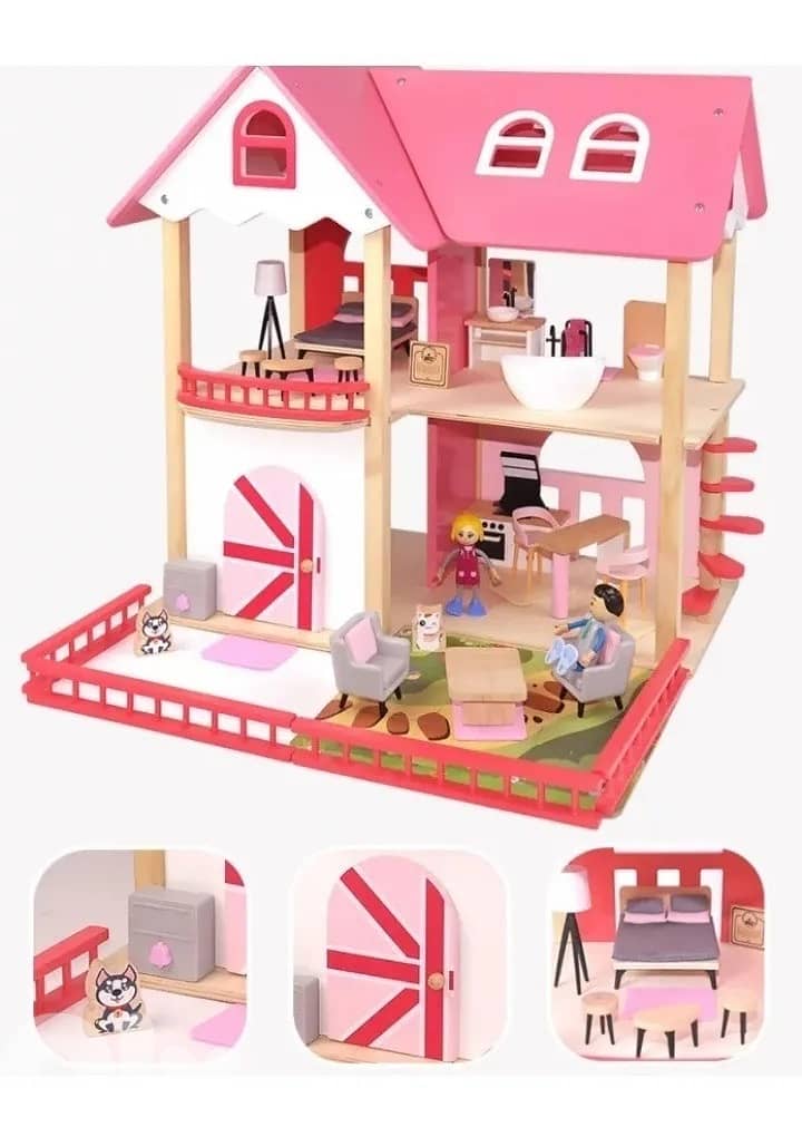 Wooden Doll House With Furniture 55.9x54x8 CM - منزل دمى خشبي مع أثاث 1