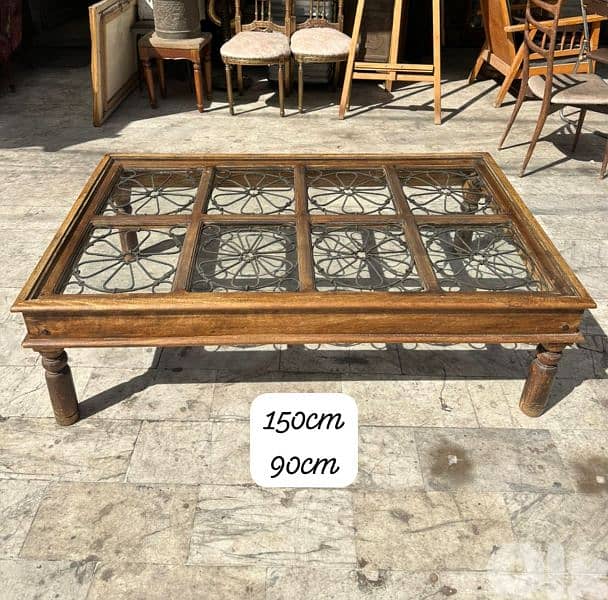 table salon 150cmx90cmطاولة وسط انتيك خشب قطراني حجم كبير 0