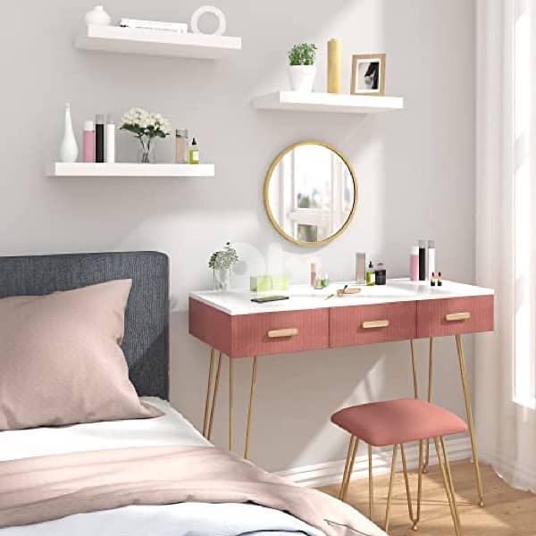 vanity table with pouf and side drawers 1