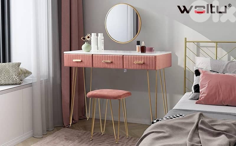 vanity table with pouf and side drawers 2