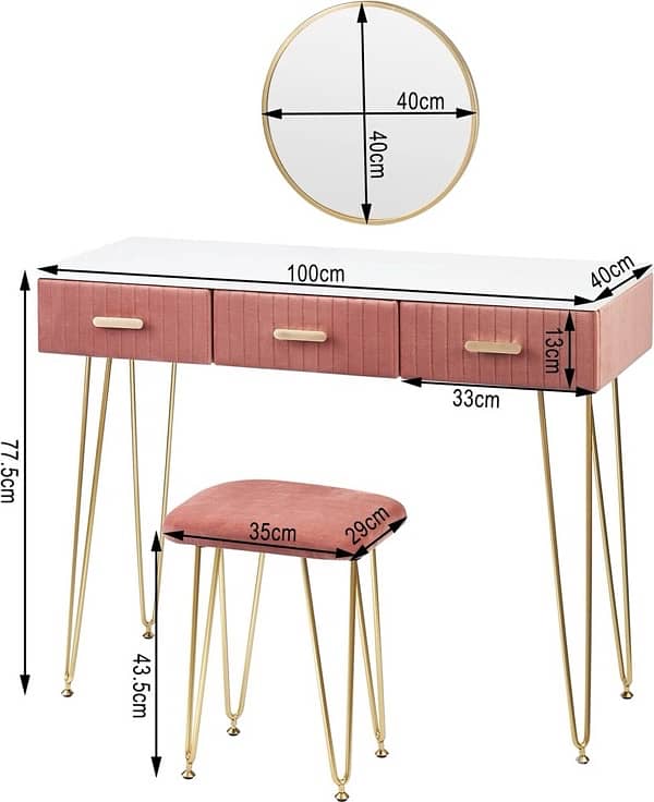 vanity table with pouf and side drawers 3