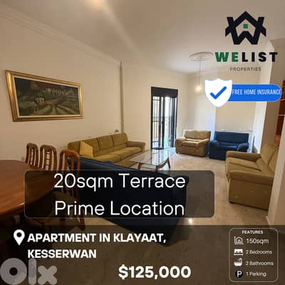 150sqm + 20sqm Terrace Apartment for sale in Klayaat, Kesserwan