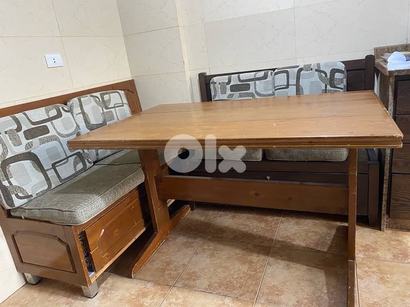 wooden dining table +3 benches 5