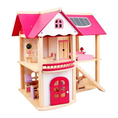 Wooden Pink Dollhouse and Furniture Playset- منزل دمى خشبي مع طقم أثاث