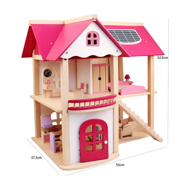 Wooden Pink Dollhouse and Furniture Playset- منزل دمى خشبي مع طقم أثاث 1