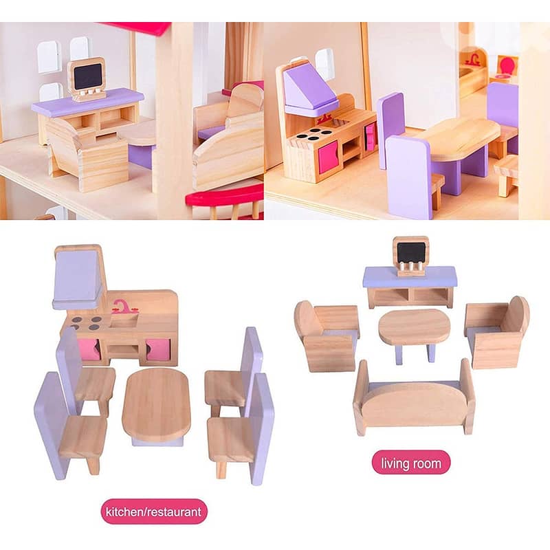 Wooden Pink Dollhouse and Furniture Playset- منزل دمى خشبي مع طقم أثاث 2