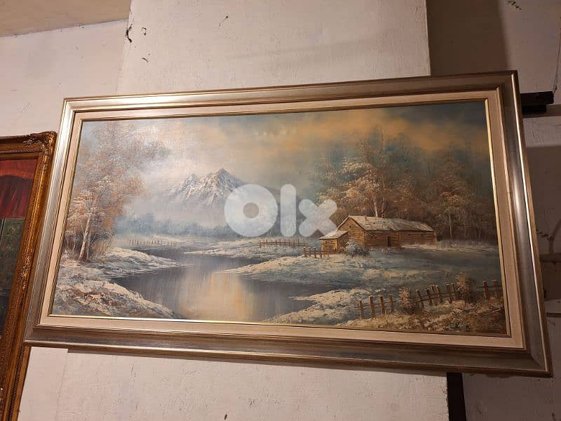 لوحة رسم زيتي اوروبية مميزة انتيك مع كادر خشب ناعم 1