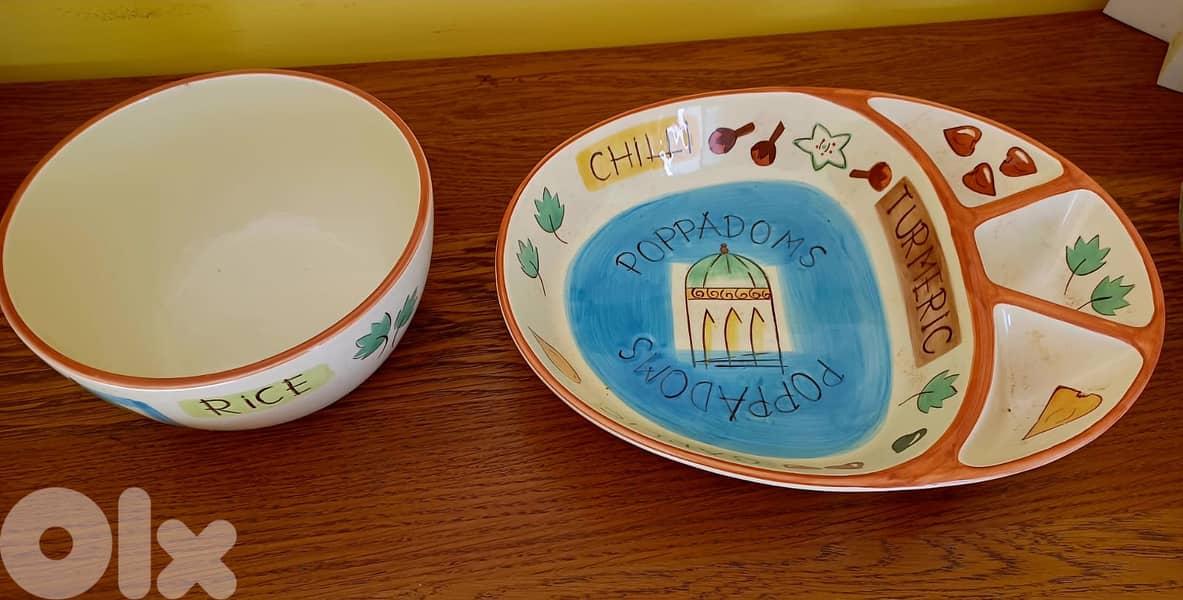 Ceramic Hand-Painted Serving Set (Bowl & Divided Platter) 3
