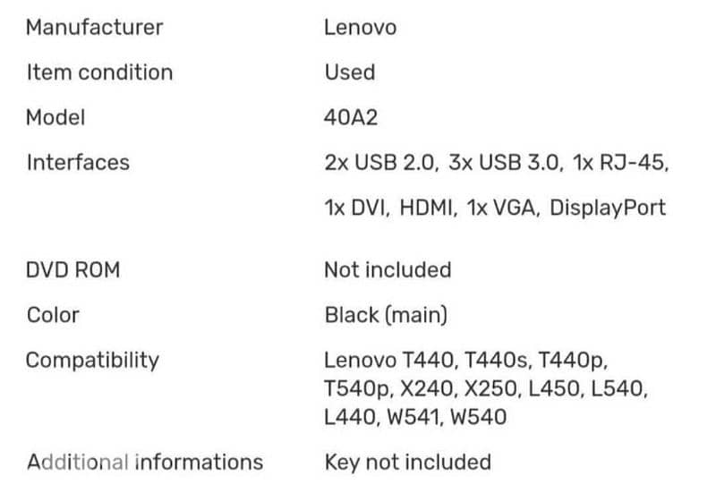 Lenovo Thinkpad Dock station 40A1 A2 5