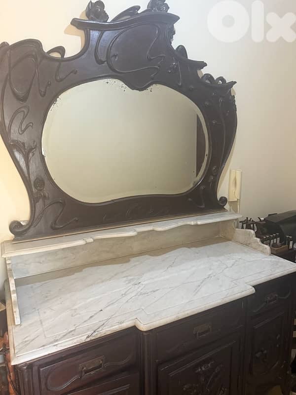 Antique Solid Wood Dresser with Marble Top & Mirror — 70+ Years Old 1