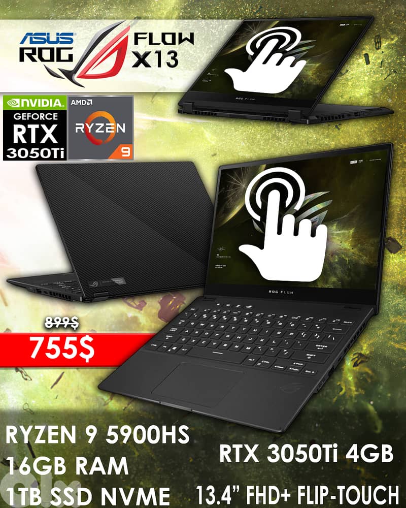 ASUS ROG FLOW X13 RYZEN 9 5900HS RTX 3050 Ti 13.4" FHD FLIP-TOUCHSCREE 0