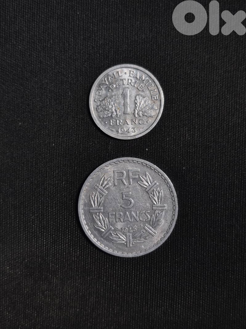 1 franc 1943 and 5 francs 1945 0