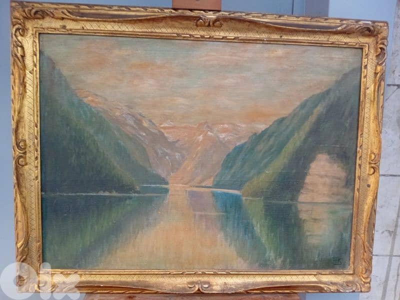 لوحة زيتية قديمة مختومة كادر خشب ذهبي طول 78cm عرض 88cm 1
