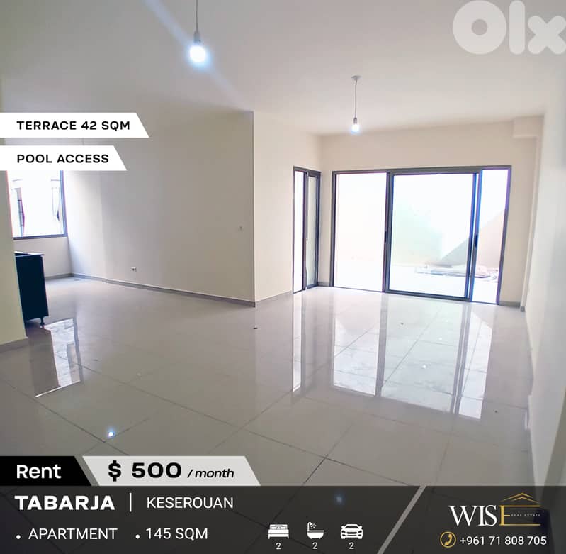 145 SQM Apartment with Terrace for RENT in Tabarja! 0