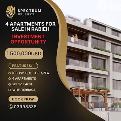 4 APARTMENTS IN RABIEH FOR SALE TOGETHER 1000SQ BUA , RA-136