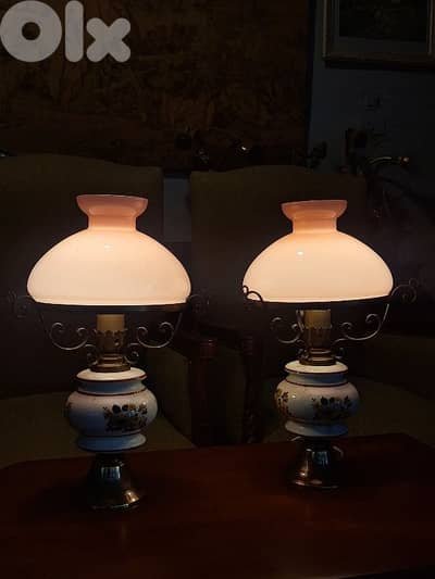 pair of opaline brass and porcelain base lamps