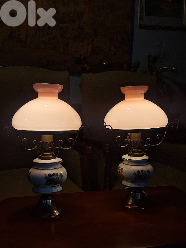 pair of opaline brass and porcelain base lamps 0