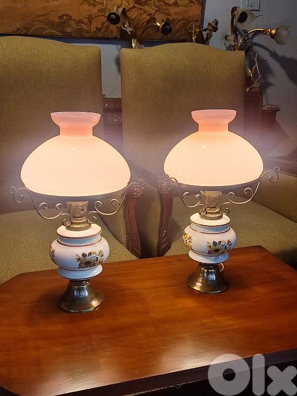 pair of opaline brass and porcelain base lamps 1