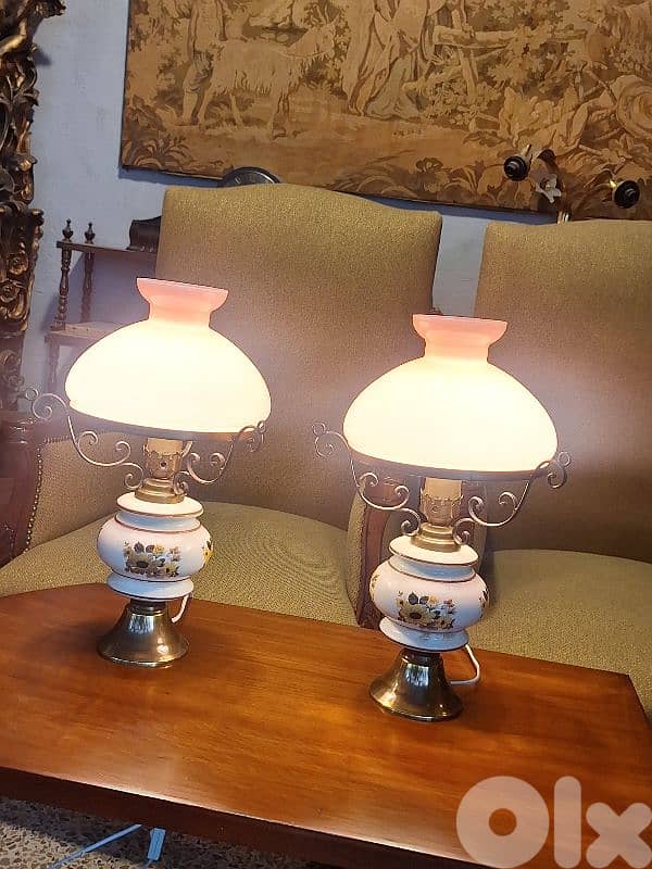 pair of opaline brass and porcelain base lamps 2