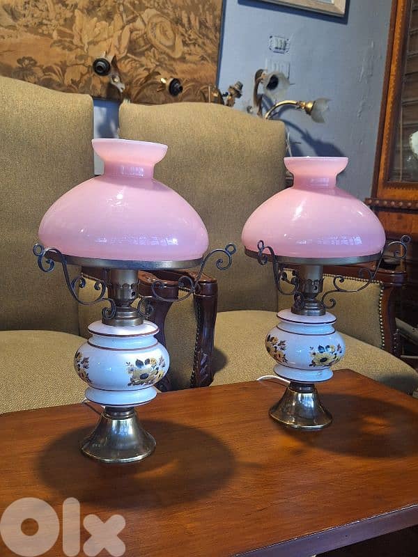 pair of opaline brass and porcelain base lamps 3