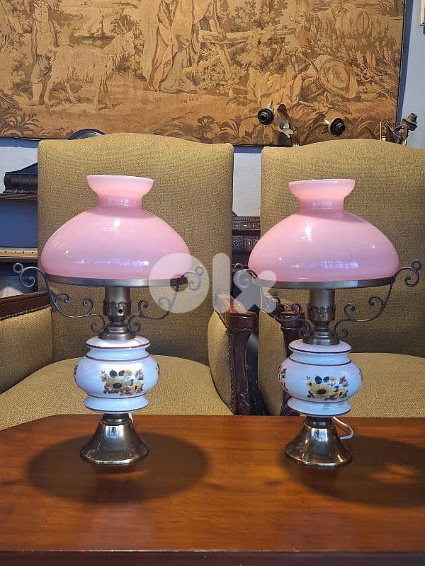 pair of opaline brass and porcelain base lamps 4
