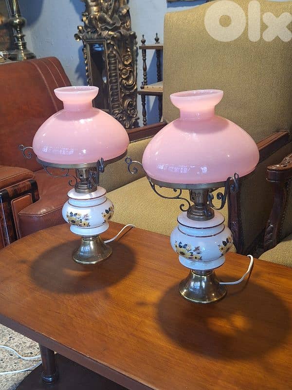 pair of opaline brass and porcelain base lamps 5