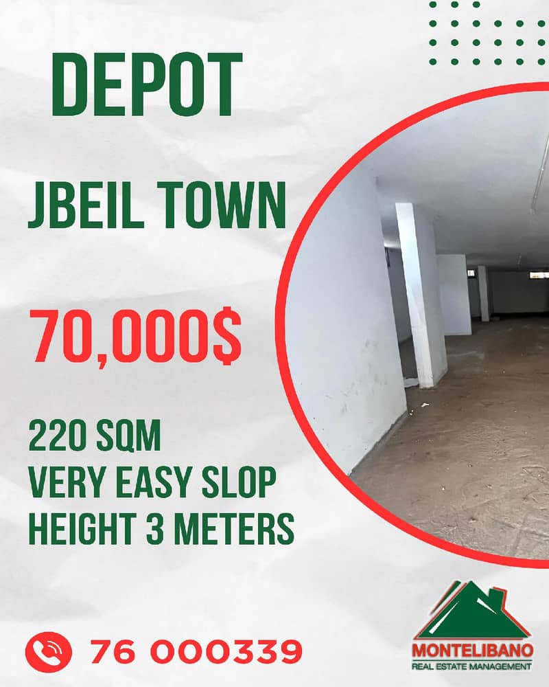 220 sqm Depot For Sale in Jbeil Town with Very Easy Slop 0