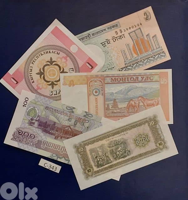 Asian 5 old banknotes Lot # C-343 UNC. 1