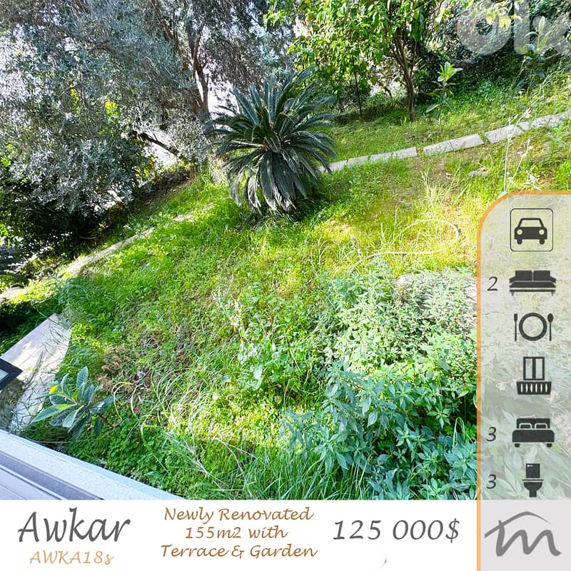 Awkar | Renovated 3 Bedrooms Apart with a Terrace | Garden | Balcony 0