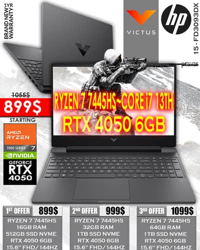 HP VICTUS GAMING 15 - FD3093DX RYZEN 7 7445HS RTX 4050 6GB 15.6” FHD