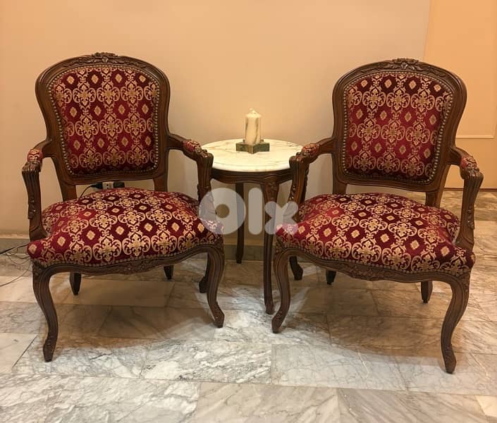 كراسي Style Model Louis XV Pair of Antique Armchair + Table 0