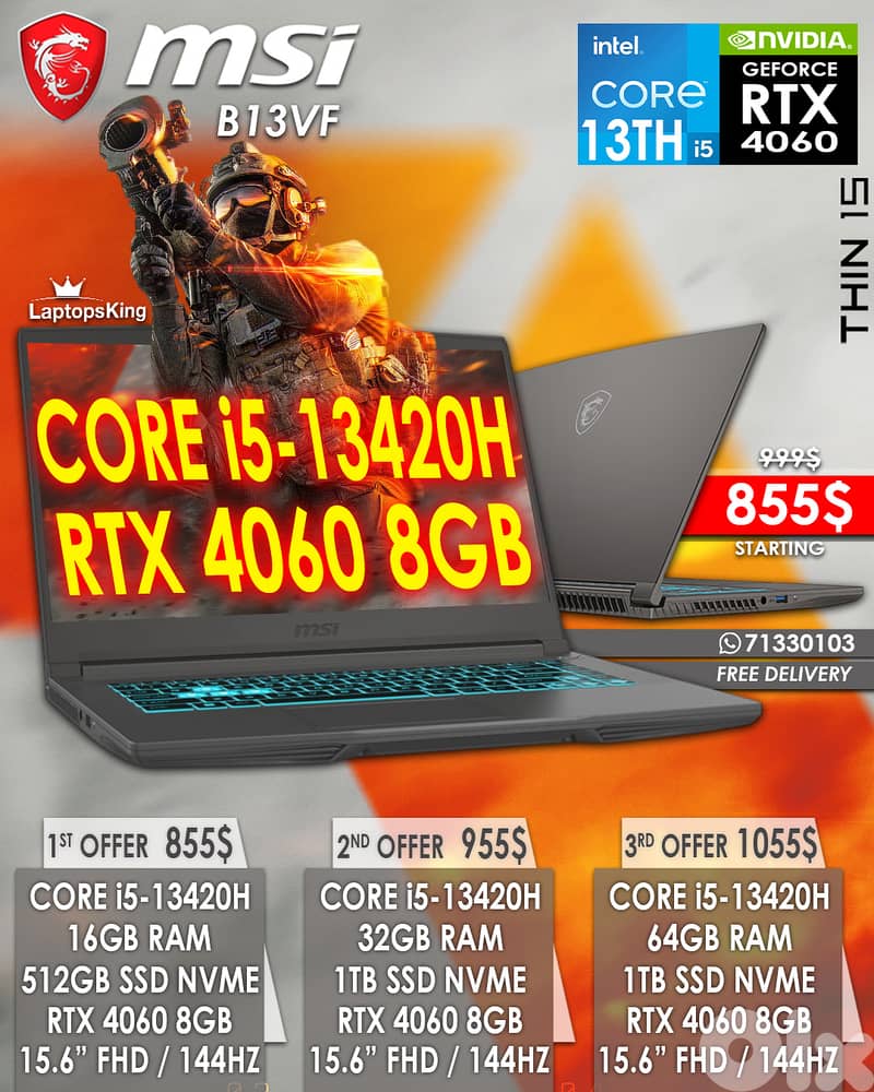 MSI THIN 15 B13V CORE i5-13420H RTX 4060 15.6” IPS 144HZ GAMING LAPTOP 0