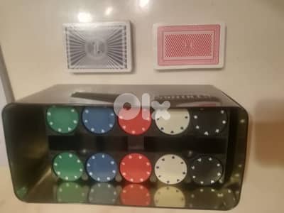 Things Texas hold em Poker chips plus 2 used playing cards