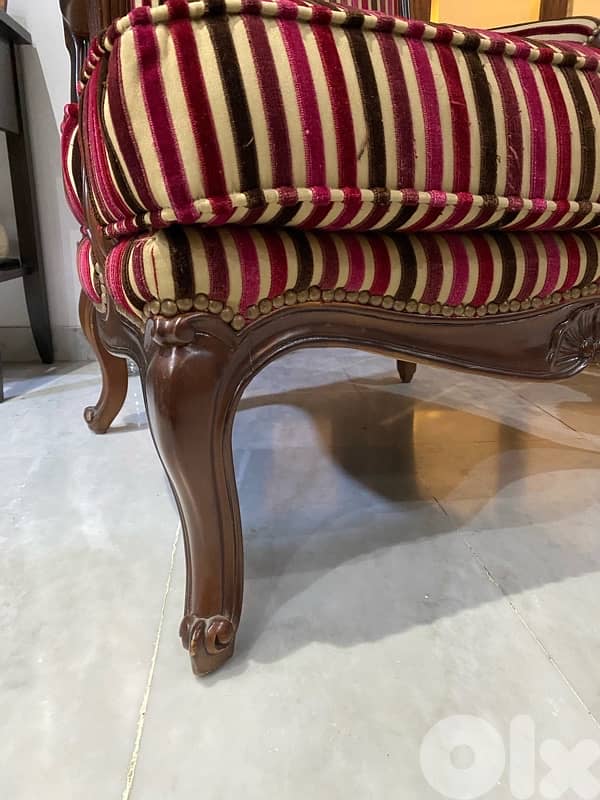Elegant Pair of Vintage Wooden Armchairs with Striped Velvet 0