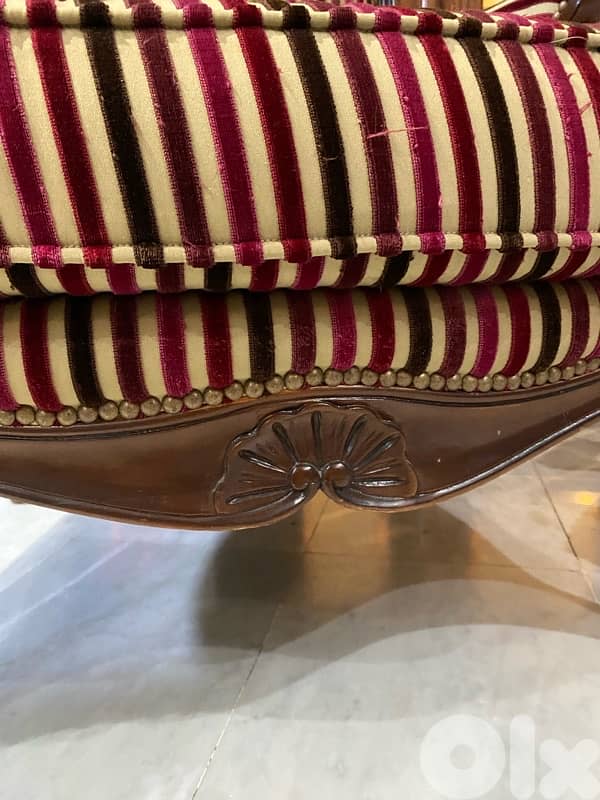 Elegant Pair of Vintage Wooden Armchairs with Striped Velvet 1