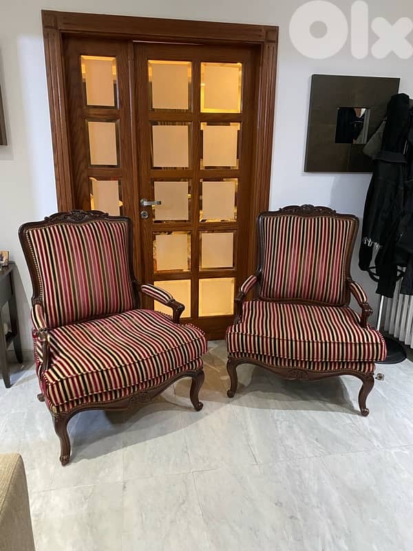 Elegant Pair of Vintage Wooden Armchairs with Striped Velvet 2