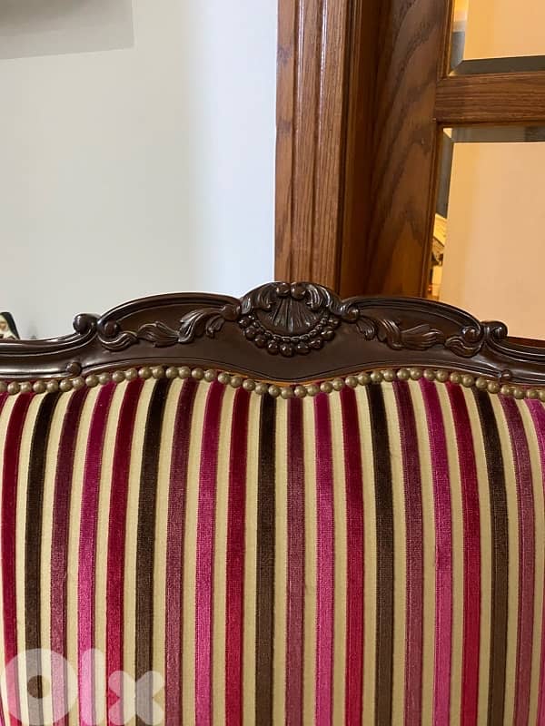 Elegant Pair of Vintage Wooden Armchairs with Striped Velvet 3