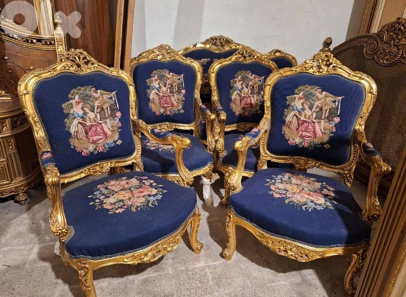 طقم صالون ستيل فخم ومميز تلبيس ورق ذهب مع قماش اوبيسون حياكة يد فرنسي 0