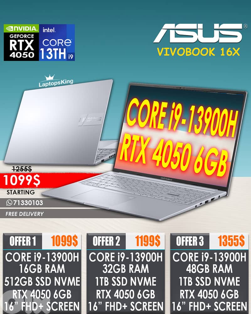 ASUS VIVOBOOK 16X CORE i9-13900H RTX 4050 16” FHD+ CREATOR LAPTOPS 0