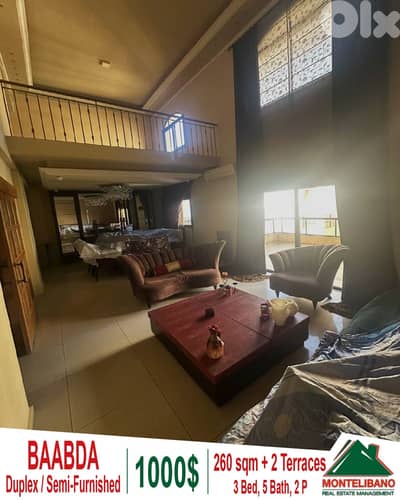 Semi-Furnished 260 sqm Duplex For Rent in Baabda with 2 Terraces+View