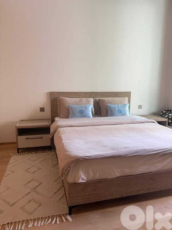 Queen size bed with mattress and side tables 1