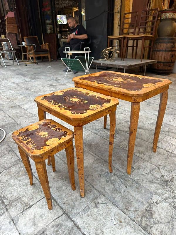 set table gigon italy طقم ٣ قطع طاولات ايطالي انتيك ماركتري 0
