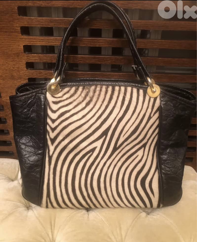 Real Black leather with genuine zebra hair handbag 0