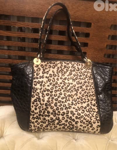 100% leather black bag with animal print hair handbag
