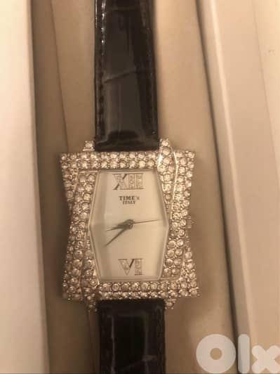 Swarovski time's watch with black leather strap