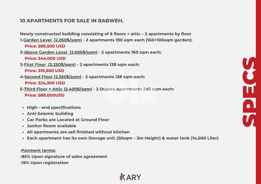 190m2 APARTMENTS FOR SALE IN RABWEH شقق للبيع في الربوة 3